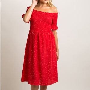 Red Polka Dot Smocked Midi Maternity Dress
